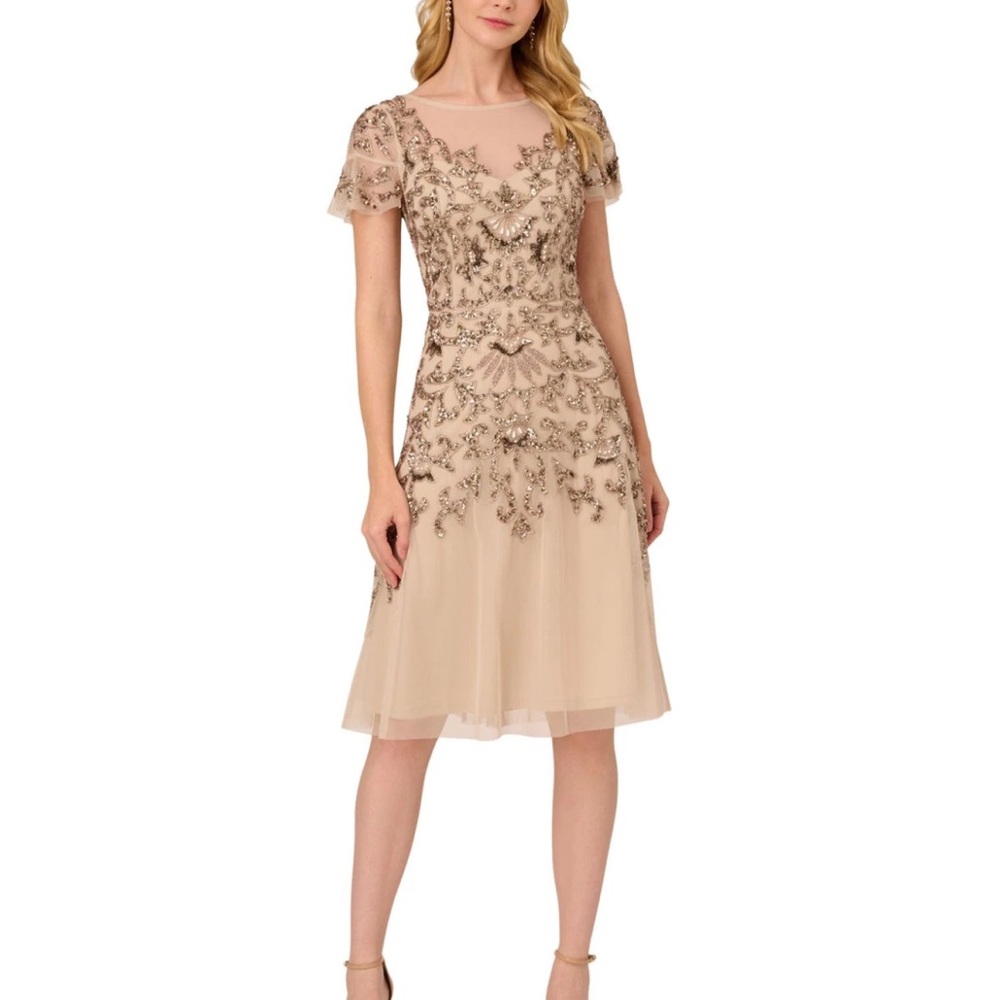 ADRIANNA PAPELL Womens Beige Mesh Lined V-back Flutter Sleeve Dress 10